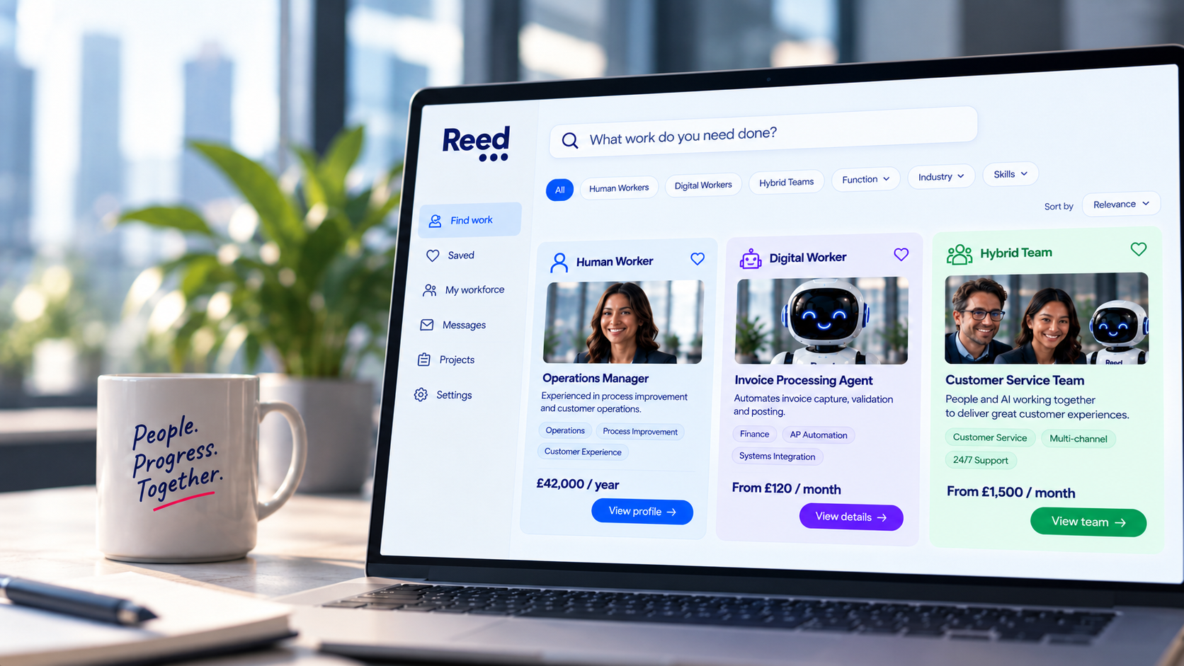 A laptop showing the Reed marketplace for people, Digital Workers and hybrid teams