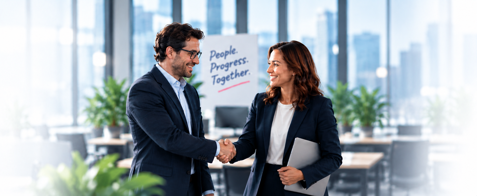 Two professionals shaking hands in an office