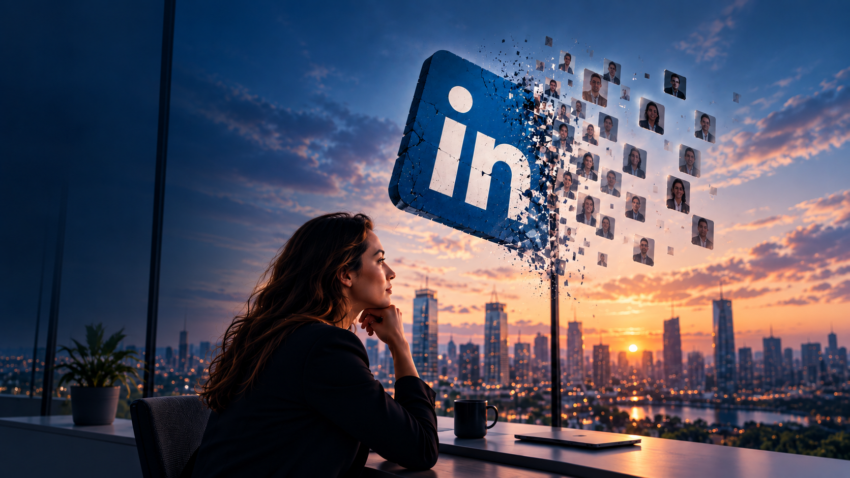 A professional looking out over a city at sunset as LinkedIn imagery dissolves