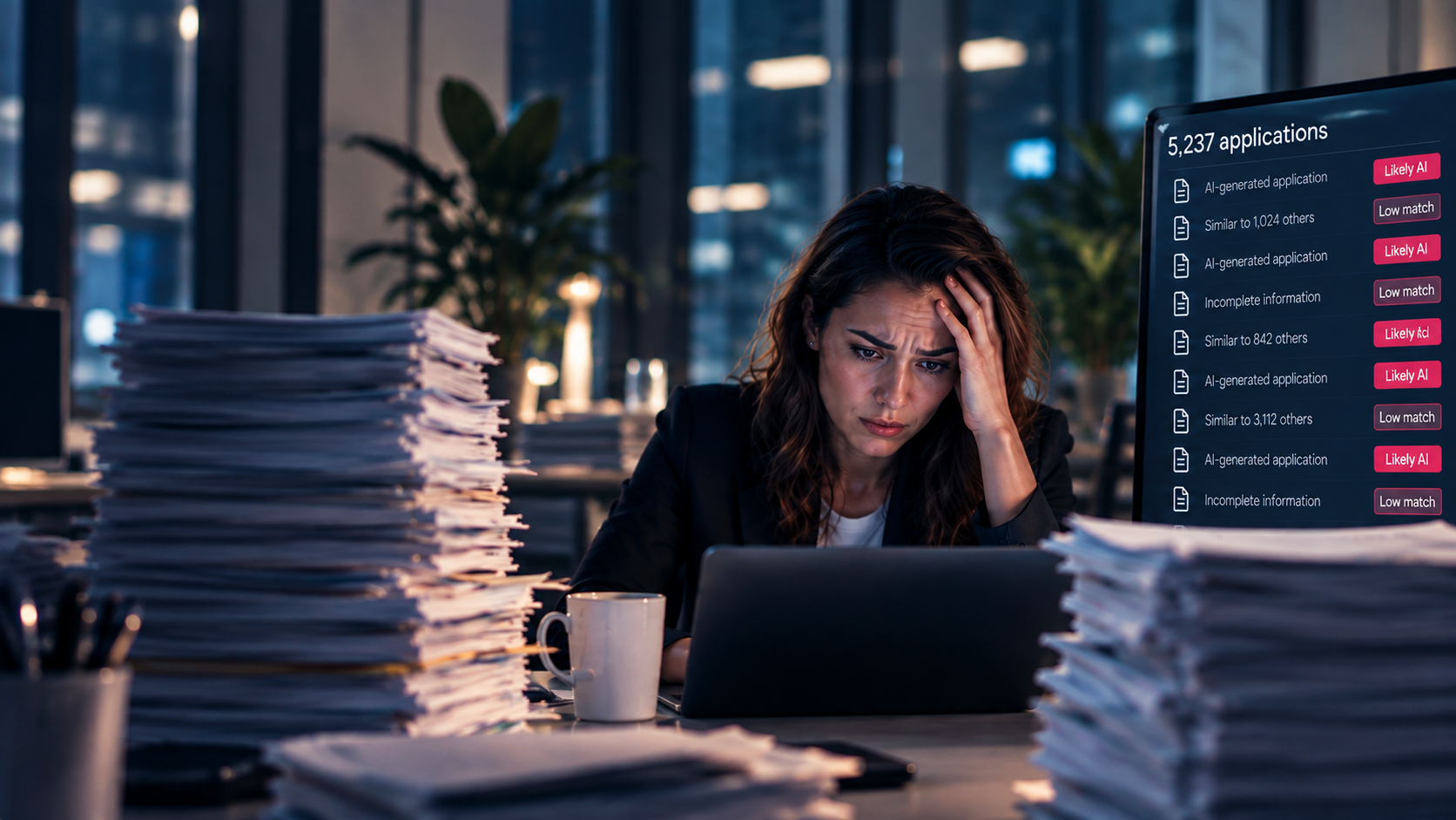A recruiter overwhelmed by applications beside an AI screening interface