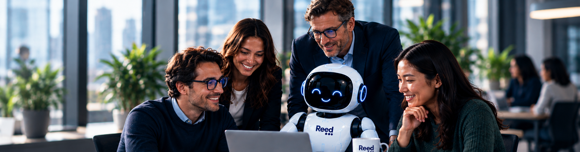 Colleagues collaborating alongside a friendly Reed digital worker