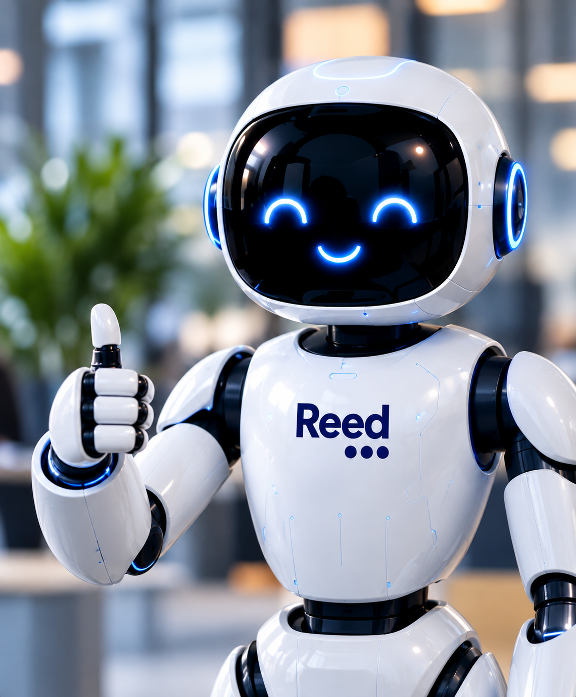 A friendly Reed digital worker robot giving a thumbs up